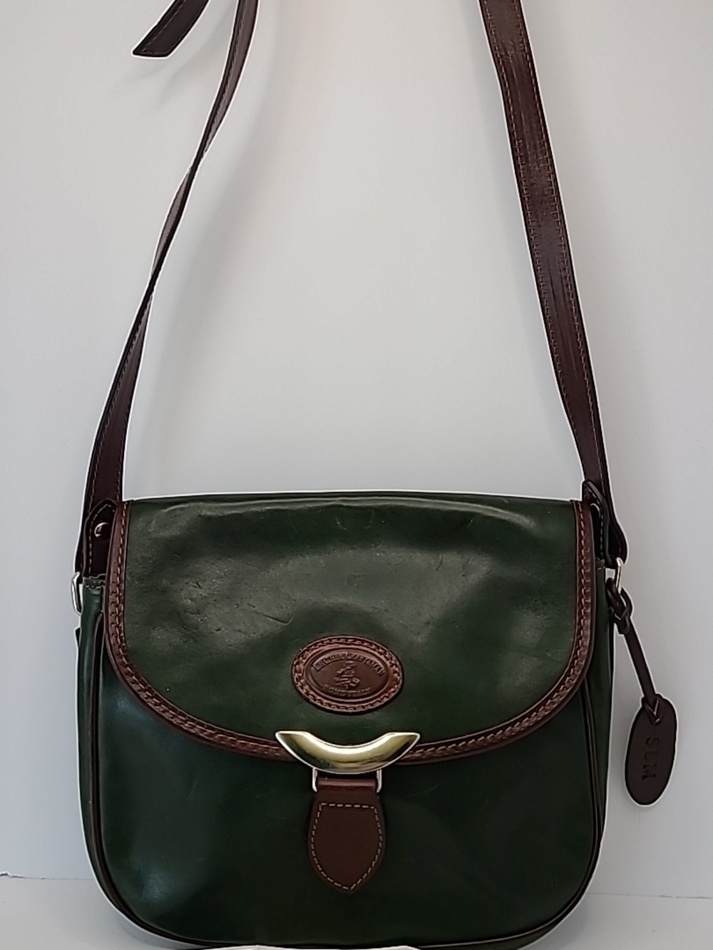 Craftsman Rome Italy Dark Green and Brown Leather Crossbody Bag